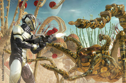 Foto space trooper soldier and alien monster on a planet