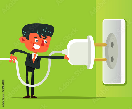 Office worker man businessman connect and disconnect electrical cable power socket. Error page flat cartoon illustration graphic design concept element