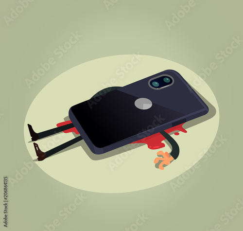 Unhappy dead man user character laying under big smart phone. Modern technology gadget dependance slavery flat cartoon illustration graphic design concept