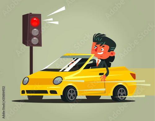 Angry bad rushing driver car man character braking violation low rules and riding on red traffic light. Transportation driving problems flat cartoon illustration graphic design concept