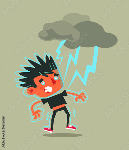 Unhappy unsuccessful man character hitting by lightning strike. Bad weather storm flat cartoon illustration graphic design concept