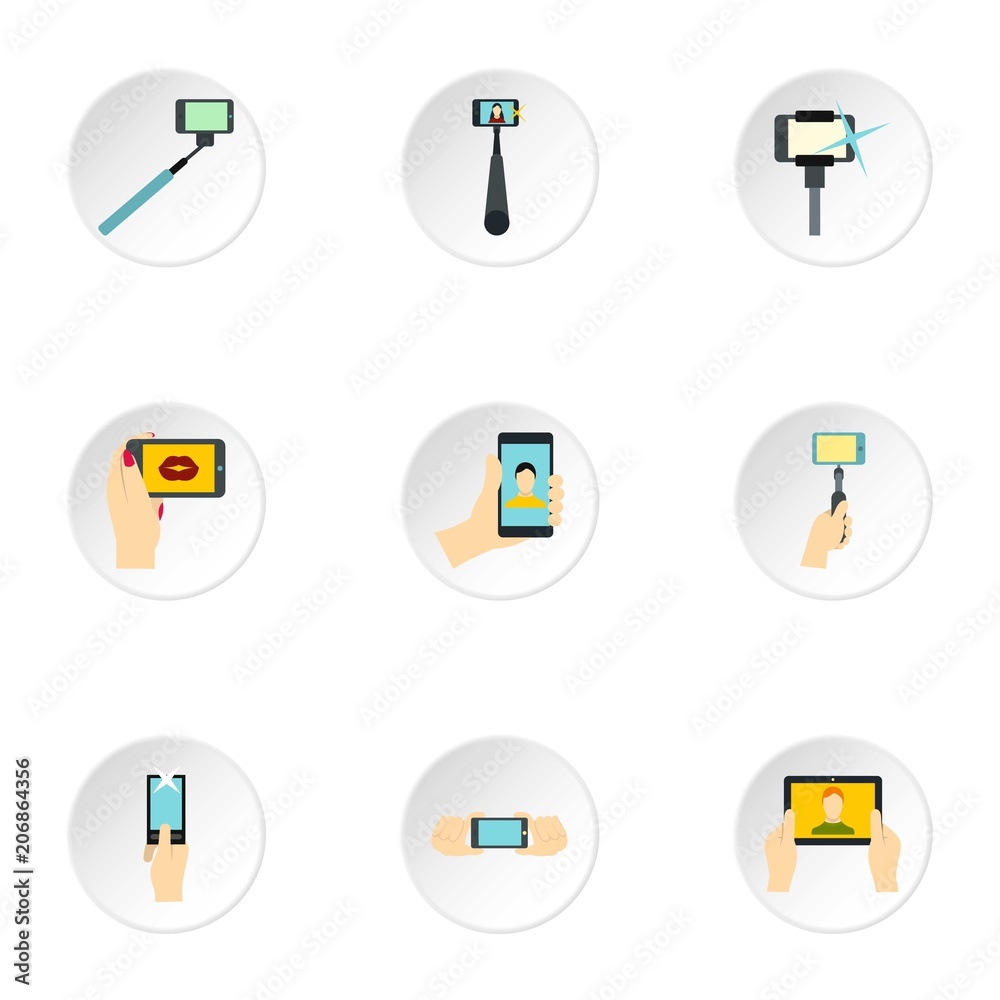 Selfie icons set. Flat illustration of 9 selfie vector icons for web Selfie icons set. Flat illustration of 9 selfie vector icons for web