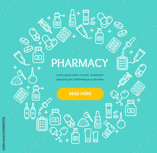 Pharmacy Signs Round Design Template Thin Line Icon Concept. Vector