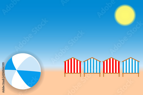 Bright ball and Beach Huts on the seacoast. Vector illustration EPS10