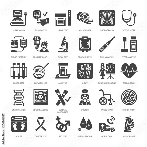 Medical check up, flat glyph icons. Health diagnostics equipment - mri, tomography, glucometer, stethoscope, blood pressure x-ray, blood test. Hospital signs. Solid silhouette pixel perfect 64x64.