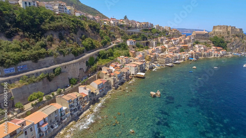 Chianalea homes in Scilla. Aerial view of Calabria, Italy