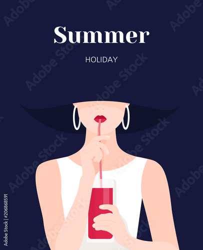 Portrait of a beautiful woman. A girl drinks juice through a straw. Rest at the resort. Vector Flat Illustration