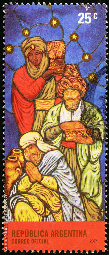 Three wise men in stained glass window, stamp of Argentina