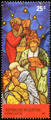 Three wise men in stained glass window, stamp of Argentina