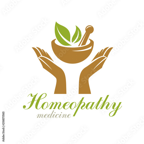 Caring hands holding mortar and pestle. Phytotherapy metaphor, vector graphic emblem can be used in medical treatment organizations.