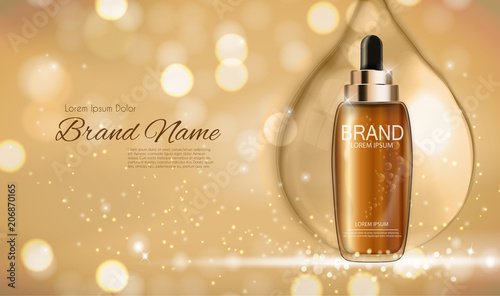 Revitalizing Serum for Hair Bottle Template for Ads or Magazine Background. 3D Realistic Vector Iillustration