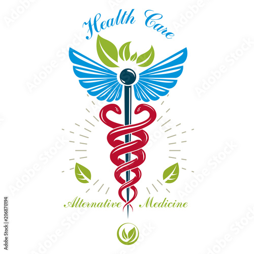 Aesculapius vector abstract logo, Caduceus symbol composed with bird wings for use in medical treatment.