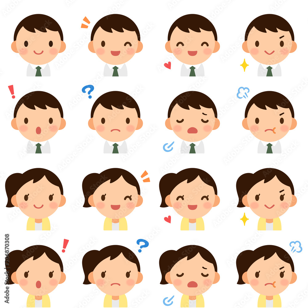 Isolated set of young business man & woman flat style avatar expressions Isolated set of young business man & woman flat style avatar expressions