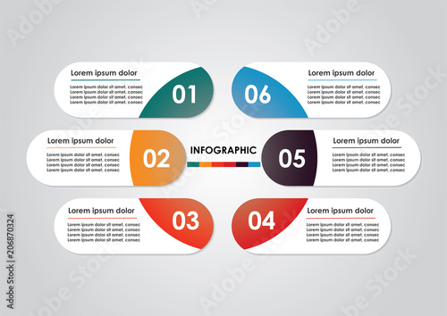 Info-graphic Modern Template for Business with six steps multi-Colours design, labels design, Vector info-graphic element, Flat style vector illustration EPS 10.