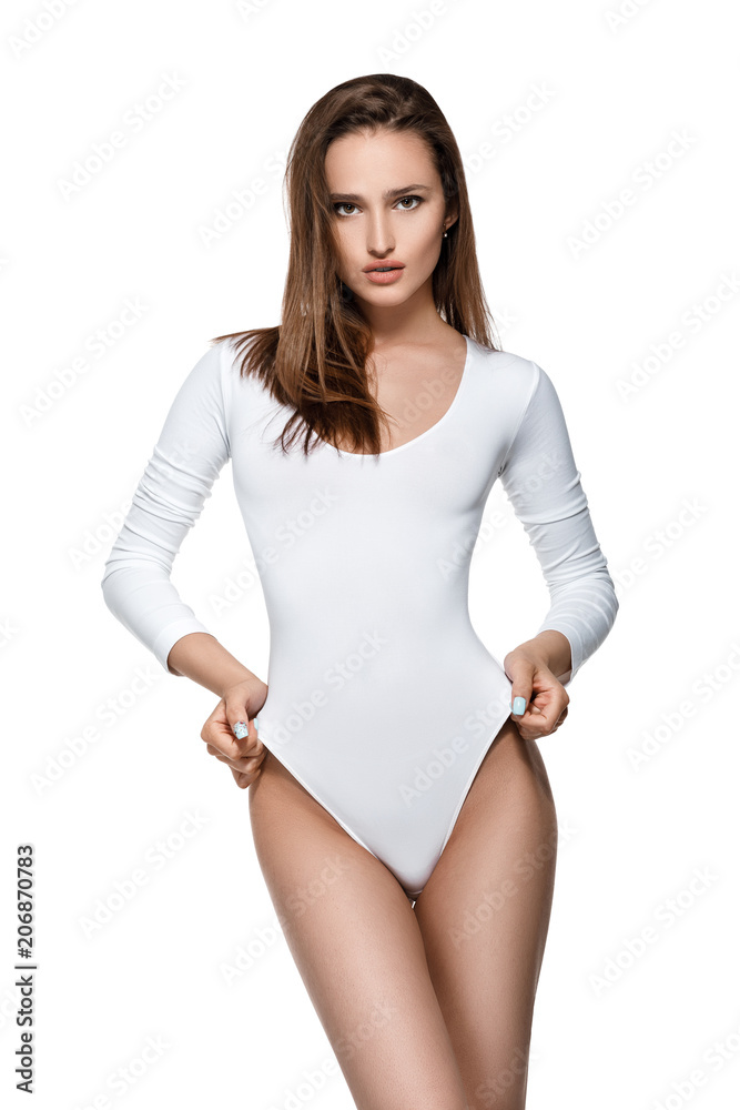 beautiful sexy woman with perfect body in white bodysuit beautiful sexy woman with perfect body in white bodysuit