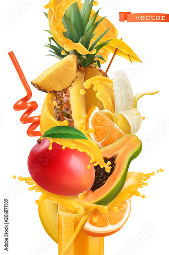 Splash of juice and sweet tropical fruits. Mango, banana, pineapple, papaya, orange. 3d realistic vector
