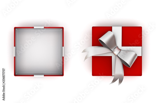 Open red gift box or present box with silver ribbon bow and empty space in the box isolated on white background with lid . 3D rendering.