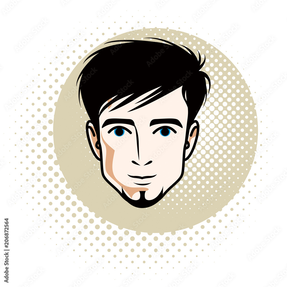 Caucasian man face expressing positive emotions, vector human head illustration. Attractive bearded male with stylish haircut.