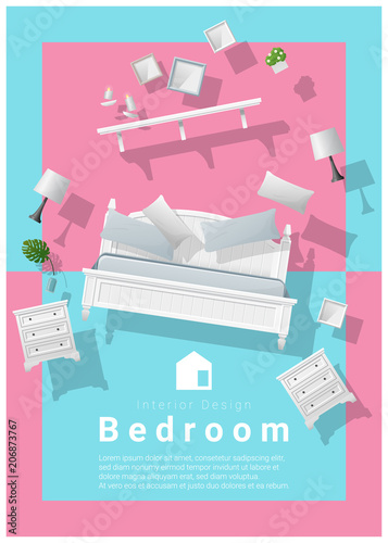 Vertical interior banner sale with bedroom furniture hovering on colorful background , vector , illustration