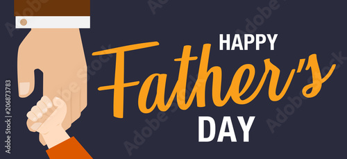 happy fathers day flyer, banner or poster, father holding his child hand, flat illustration vector