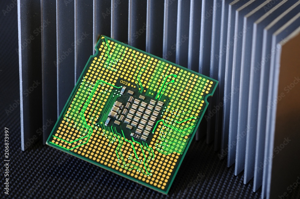 CPU processor with effect of electronic circuit inside over aluminum heat sink CPU processor with effect of electronic circuit inside over aluminum heat sink