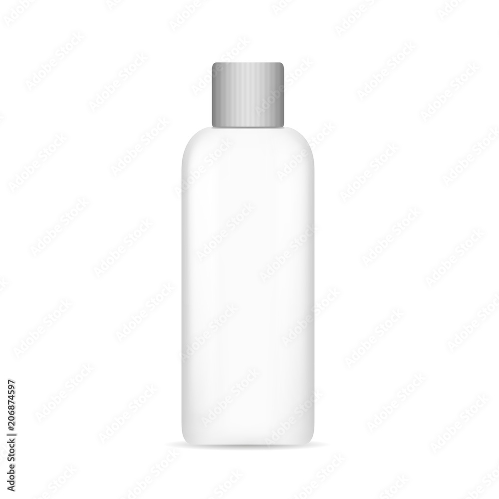 Vector realistic image (mock-up, layout) of plastic packaging for cosmetics, white with a dark lid. Bottle for liquid substances. The image is created using the gradient mesh. EPS 10. Vector realistic image (mock-up, layout) of plastic packaging for cosmetics, white with a dark lid. Bottle for liquid substances. The image is created using the gradient mesh. EPS 10.