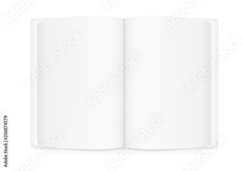 Vector realistic image (layout, mock-up) of an open hardcover book with empty white blank pages, top view. The image is created using a gradient mesh. Vector EPS 10.