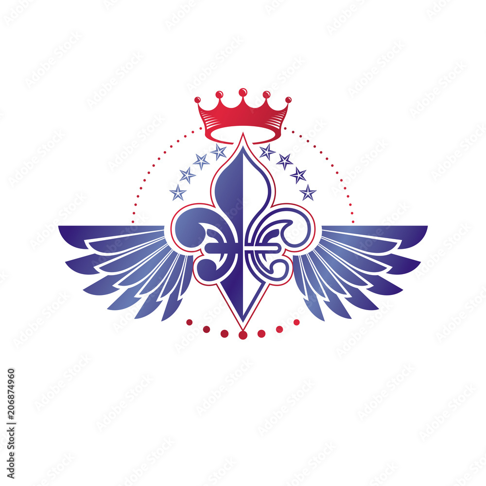 Victorian winged emblem composed using lily flower, monarch crown and pentagonal stars. Royal quality award vector design element, business label. Victorian winged emblem composed using lily flower, monarch crown and pentagonal stars. Royal quality award vector design element, business label.