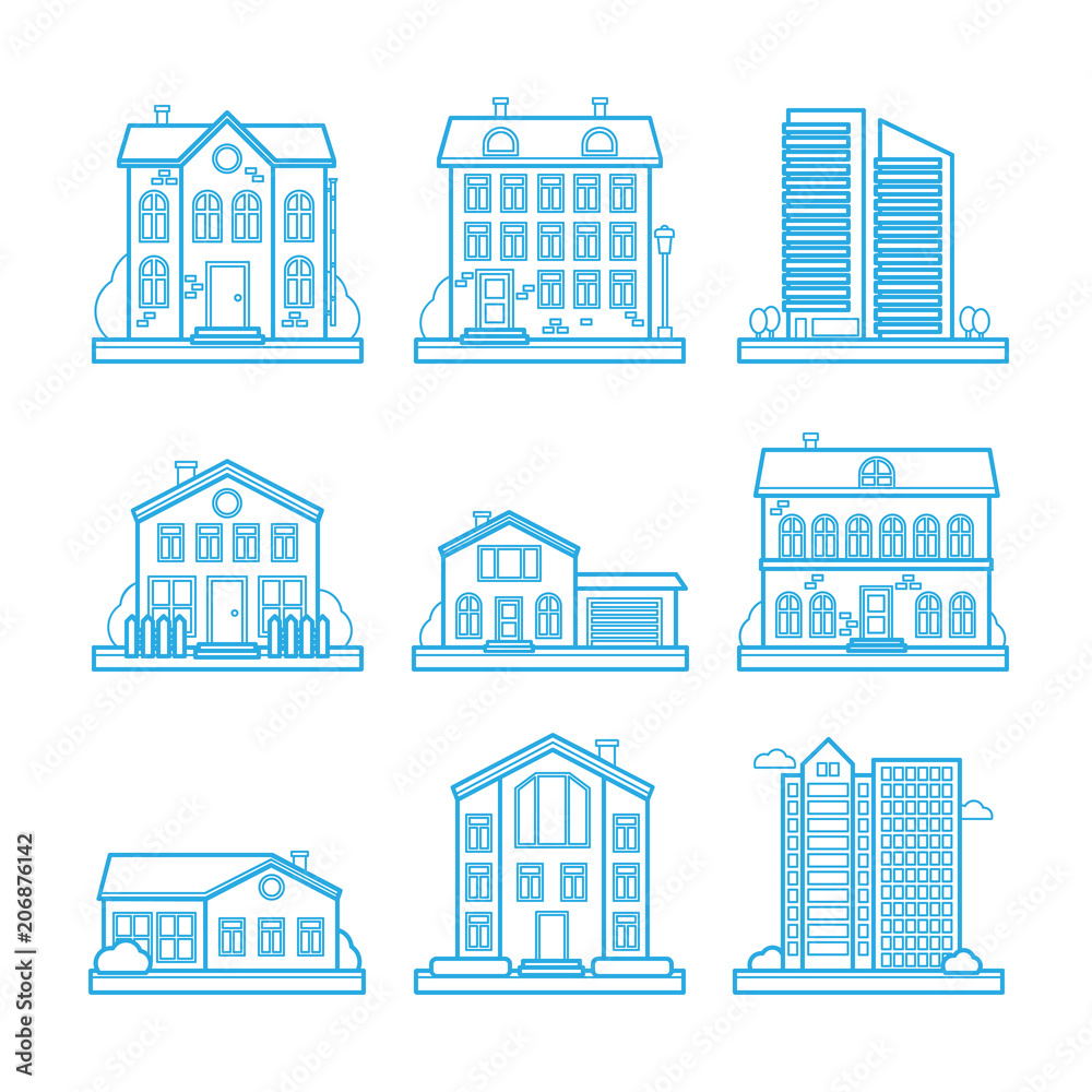 Set of vector line city and rural houses for web design and illustration