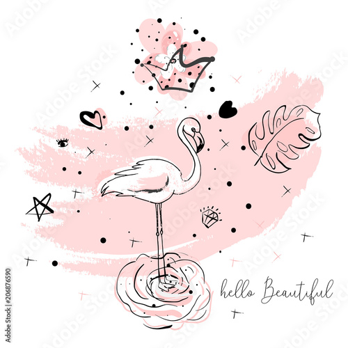 Tropical hand drawn flamingo illustration design in pastel pink with trendy hipster decoration elements. Modern print for wedding, invitations, greeting card, header, Valentine s day, anniversary, web