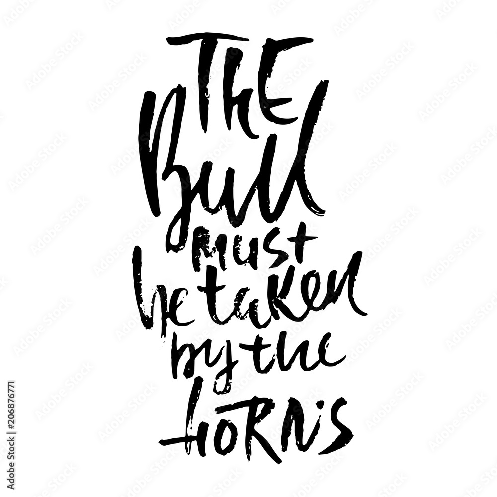 The bull must be taken by the horns. Hand drawn dry brush lettering. Ink proverb banner. Modern calligraphy phrase. Vector illustration. The bull must be taken by the horns. Hand drawn dry brush lettering. Ink proverb banner. Modern calligraphy phrase. Vector illustration.