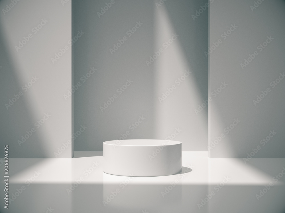 White pedestal for display,Platform for design,Blank product,White room and lateral lights.3D rendering.
White pedestal for display,Platform for design,Blank product,White room and lateral lights.3D rendering.