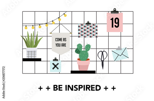 Inspiration mood board, trendy home decor with plants, cards, succulents