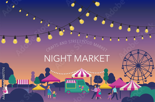 Night market, Summer fest, food street fair, family festival poster and banner