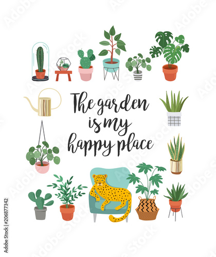 Trendy print with home decor with plants, planters, cacti and inspirational quote. Gardening concept design