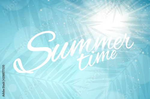 Summer time cover. Advertising web banner. Glares bokeh. Silhouette of a palm tree leaf. Sun rays. Sunrise. Vector illustration