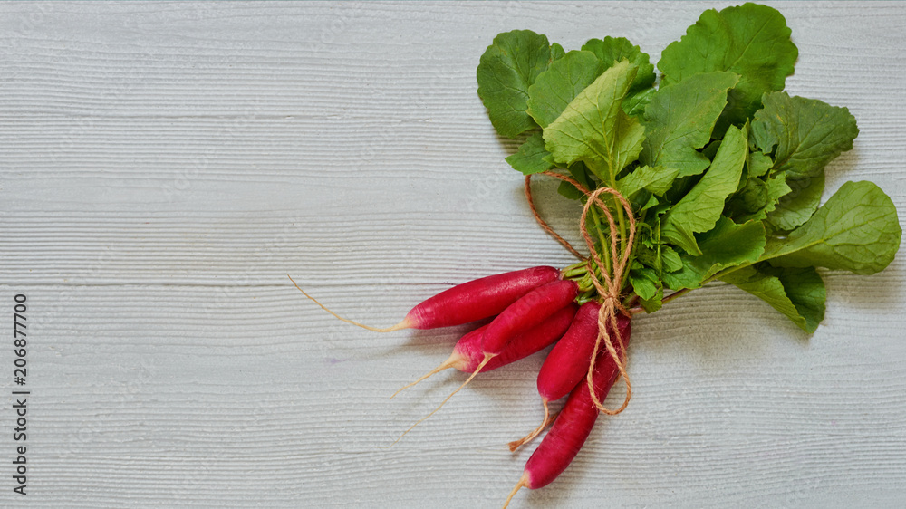 Bunch of fresh radishes on the gray kitchen table with copy space. Healthy summer detox salad, ingredients for breakfast. Top view Bunch of fresh radishes on the gray kitchen table with copy space. Healthy summer detox salad, ingredients for breakfast. Top view