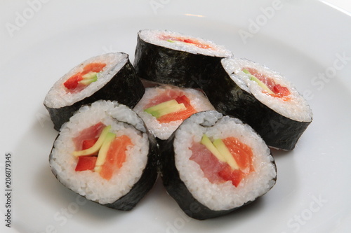Sushi rolls served on a plate