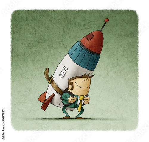 Business man holding jet pack rocket. concept of entrepreneur ship