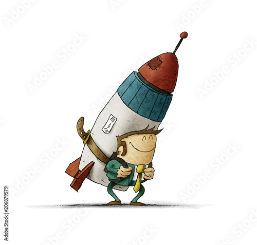 Business man holding jet pack rocket. concept of entrepreneur ship. isolated