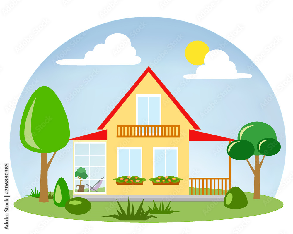 house, villa, penthouse, pheasant, summer house, garden, trees, flowers, clouds, sky, sun, red, yellow, grass, bushes, balcony, terrace, bushes, windows, glass, lawn, style, elements, trunk