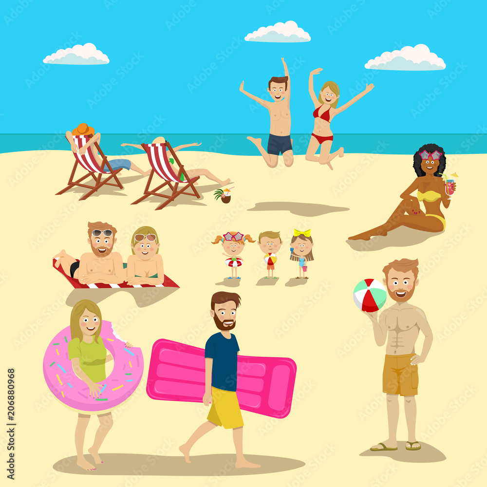 People and couples on vacation beach big set. Summer travel holidays and beach active sport activities