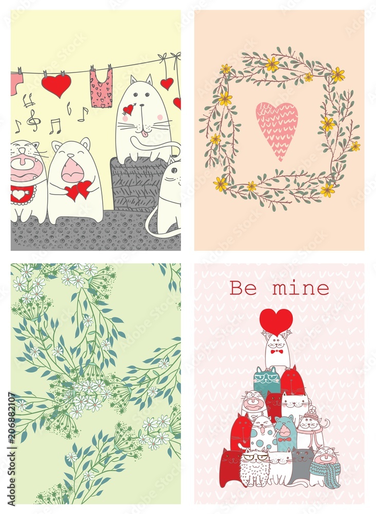 Fototapeta premium Valentine's greeting cards with cute cats, hearts and floral elements