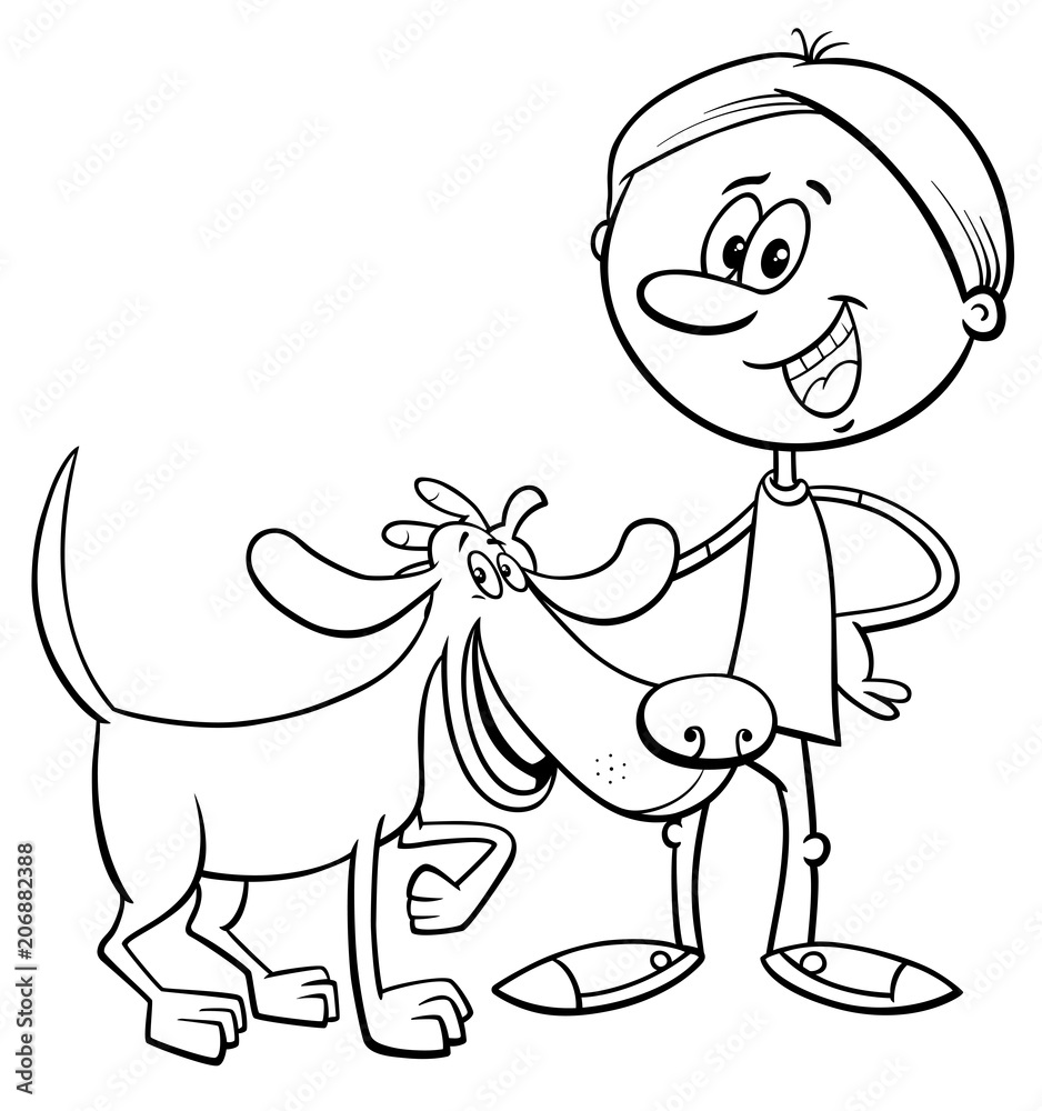 Fototapeta premium boy with funny dog cartoon coloring book