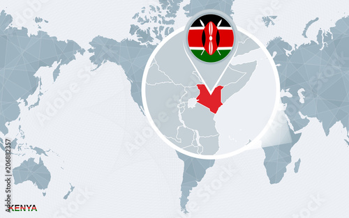 World map centered on America with magnified Kenya.