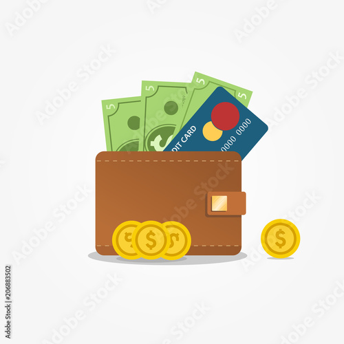 Brown leather wallet with money, coins and credit card for shopping. Trendy flat style vector illustration on white background.