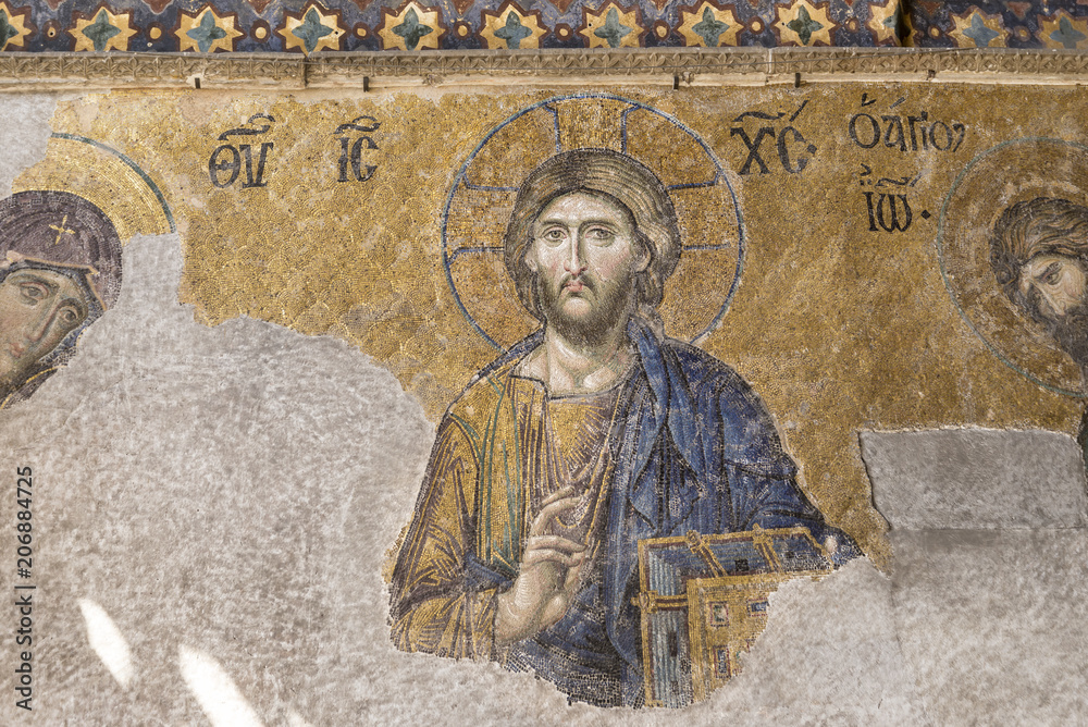 Byzantine mosaic of Jesus Christ found in Hagia Sophia in Istanbul, Turkey.