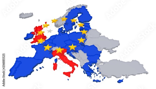 eu italexit crisis eurozone european union italy leaving euro exit 3d map brexit isolated on white photo