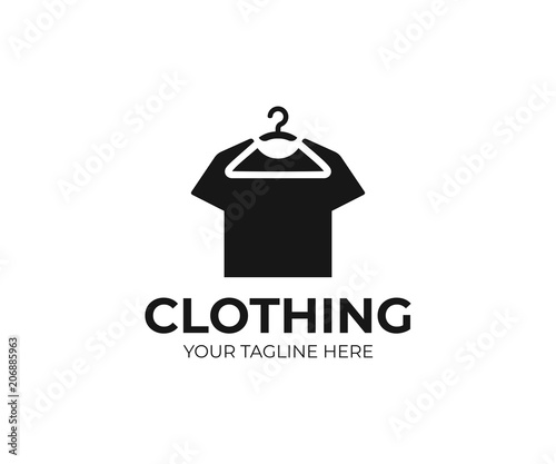 Hanging t-shirt logo template. Hanger and black t shirt vector design. Clothing logotype