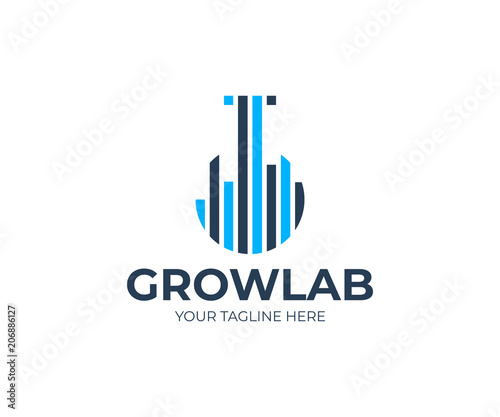 Growth lab logo template. Lab flask and graph vector design. Laboratory analytics logotype